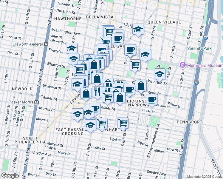 map of restaurants, bars, coffee shops, grocery stores, and more near 1415 South 8th Street in Philadelphia