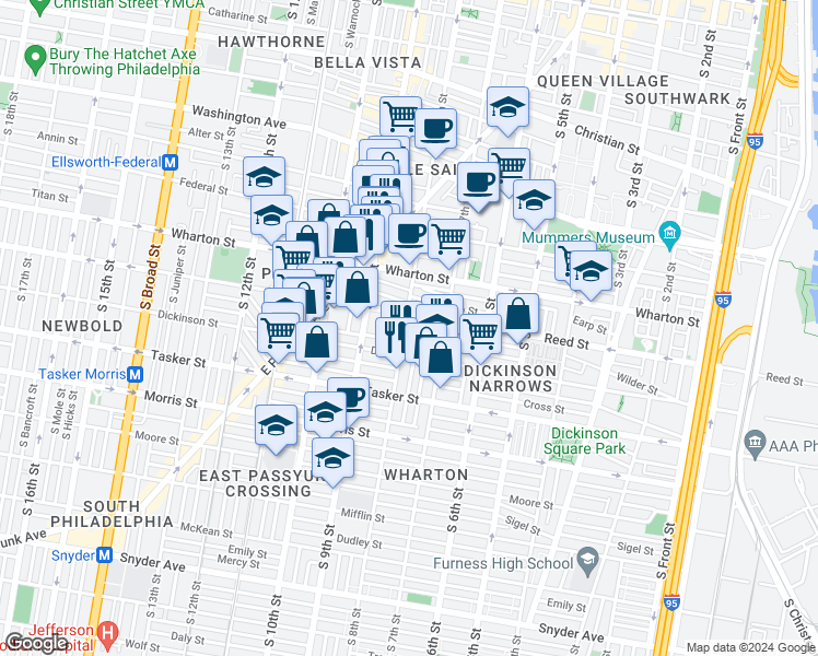 map of restaurants, bars, coffee shops, grocery stores, and more near 1415 South 8th Street in Philadelphia