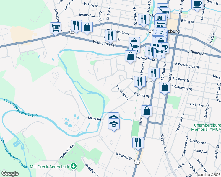 map of restaurants, bars, coffee shops, grocery stores, and more near 33 Redwood Street in Chambersburg