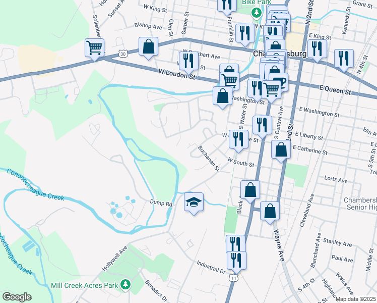 map of restaurants, bars, coffee shops, grocery stores, and more near 33 Redwood Street in Chambersburg