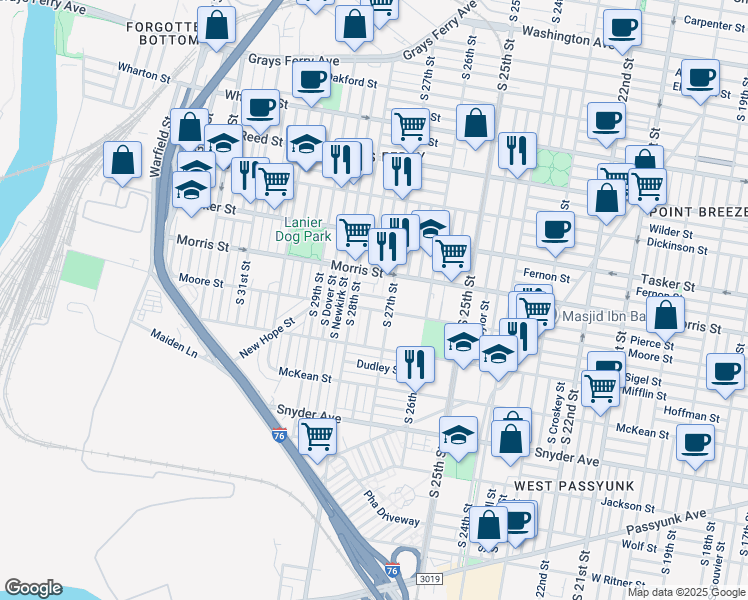 map of restaurants, bars, coffee shops, grocery stores, and more near 2722 Pierce Street in Philadelphia