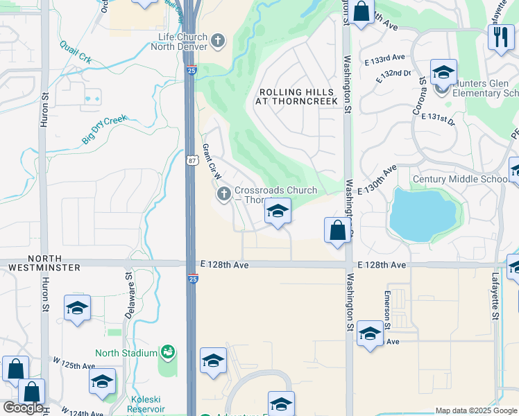 map of restaurants, bars, coffee shops, grocery stores, and more near 12943 Grant Circle East in Denver