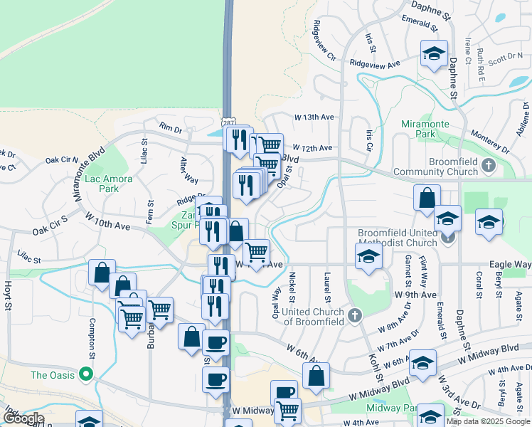 map of restaurants, bars, coffee shops, grocery stores, and more near 1090 Opal Street in Broomfield
