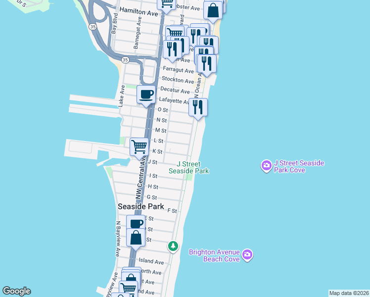 map of restaurants, bars, coffee shops, grocery stores, and more near 1113 North Ocean Avenue in Seaside Park