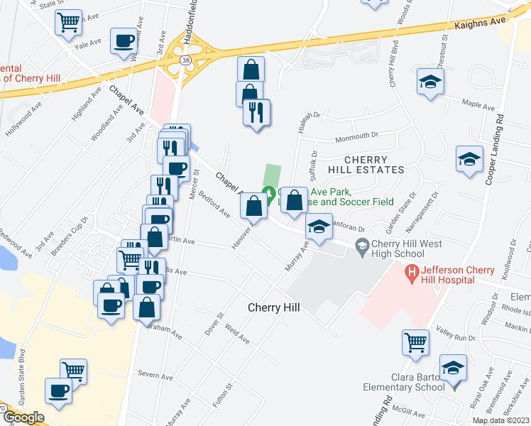 map of restaurants, bars, coffee shops, grocery stores, and more near in Cherry Hill Township