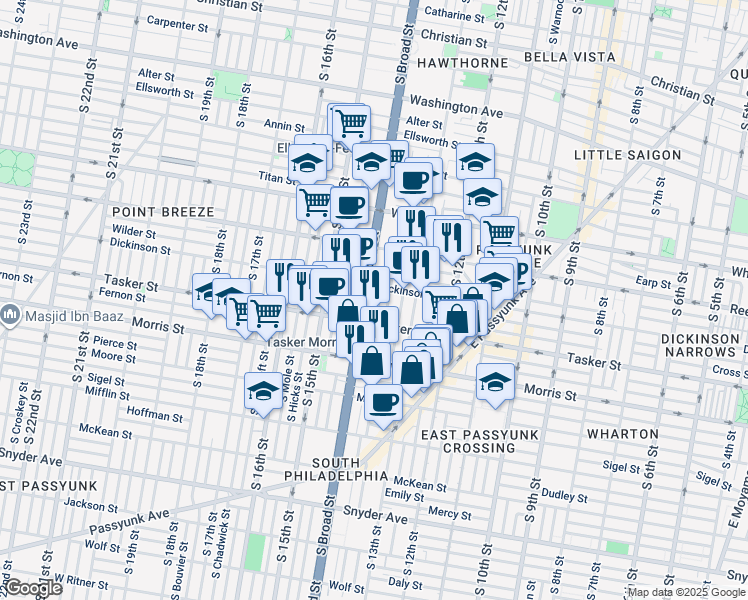 map of restaurants, bars, coffee shops, grocery stores, and more near 1501 Pennsylvania 611 in Philadelphia