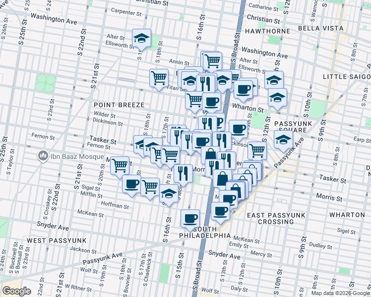 map of restaurants, bars, coffee shops, grocery stores, and more near in Philadelphia