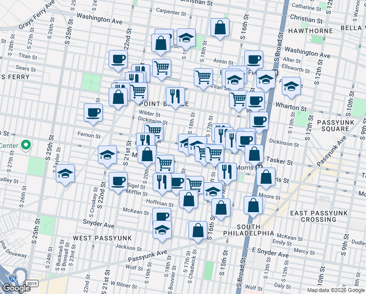 map of restaurants, bars, coffee shops, grocery stores, and more near 1819 Tasker Street in Philadelphia