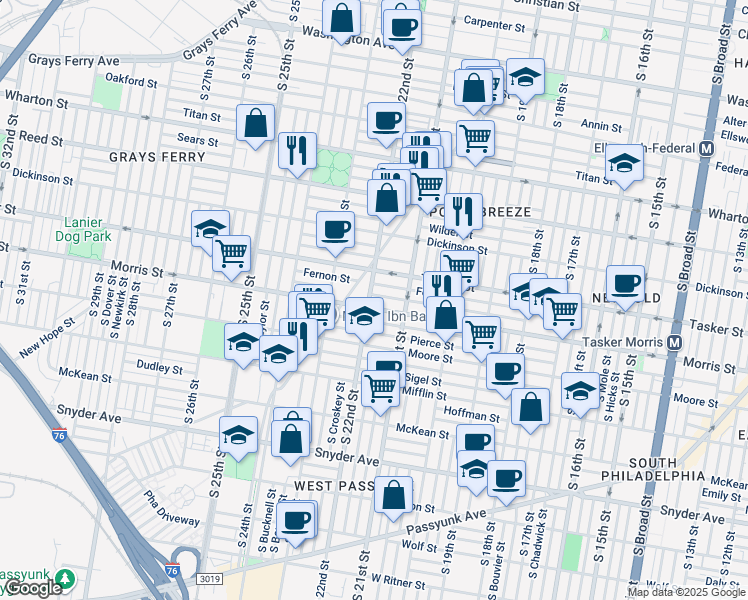 map of restaurants, bars, coffee shops, grocery stores, and more near 1621 South 22nd Street in Philadelphia