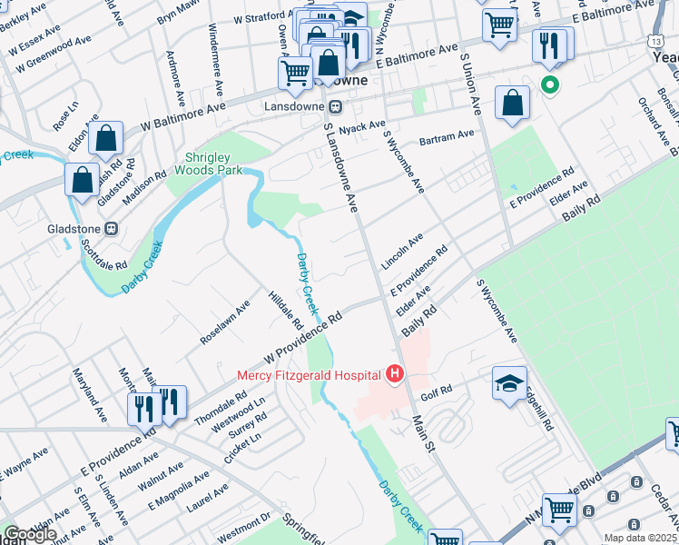 map of restaurants, bars, coffee shops, grocery stores, and more near 14A Hillview Circle in Yeadon
