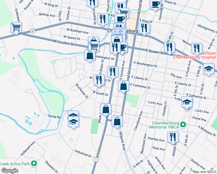 map of restaurants, bars, coffee shops, grocery stores, and more near 414 South Main Street in Chambersburg