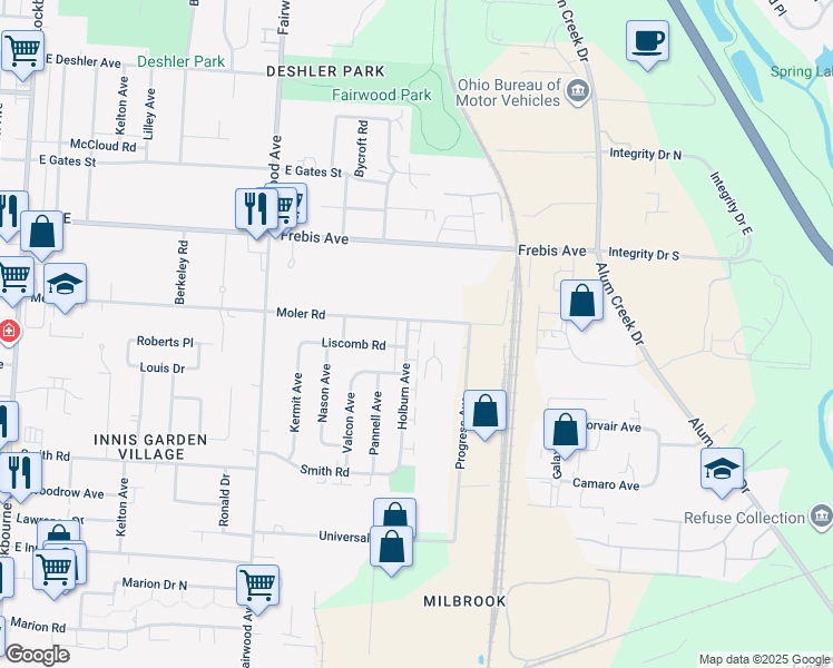 map of restaurants, bars, coffee shops, grocery stores, and more near 1743 Holburn Avenue in Columbus