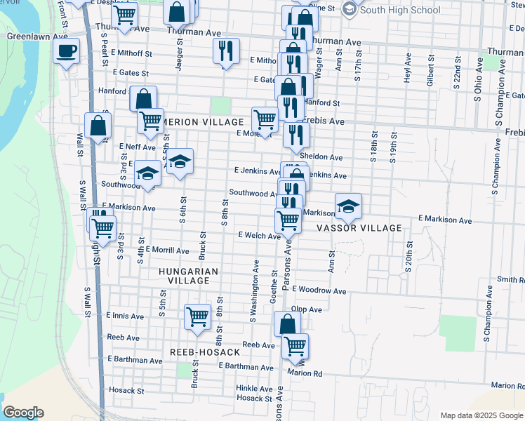 map of restaurants, bars, coffee shops, grocery stores, and more near 369 Southwood Avenue in Columbus