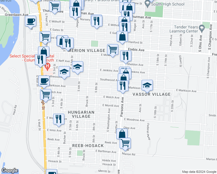 map of restaurants, bars, coffee shops, grocery stores, and more near 369 Southwood Avenue in Columbus