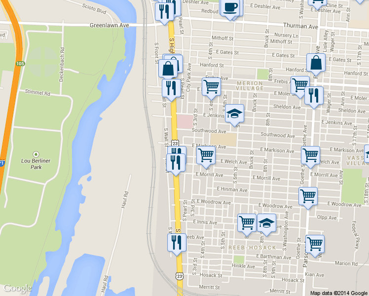 map of restaurants, bars, coffee shops, grocery stores, and more near 30 East Markison Avenue in Columbus