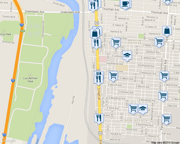 map of restaurants, bars, coffee shops, grocery stores, and more near 49 West Markison Avenue in Columbus