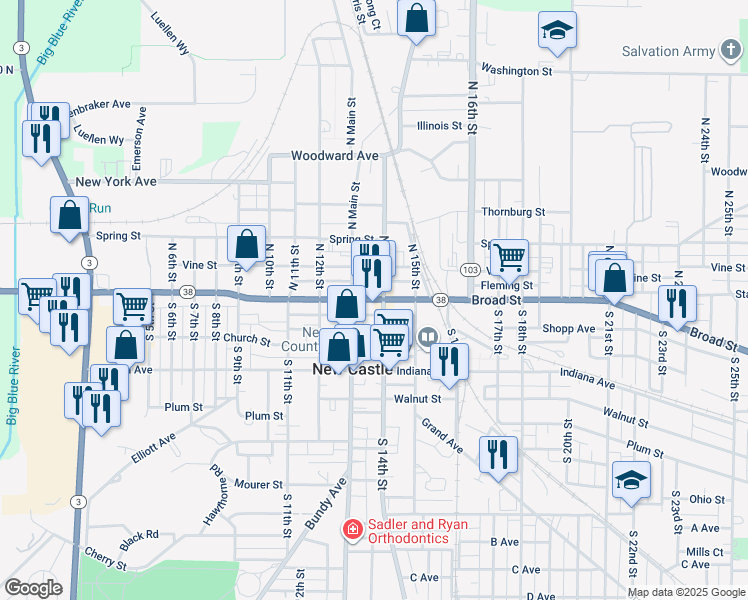 map of restaurants, bars, coffee shops, grocery stores, and more near 1322 Broad Street in New Castle