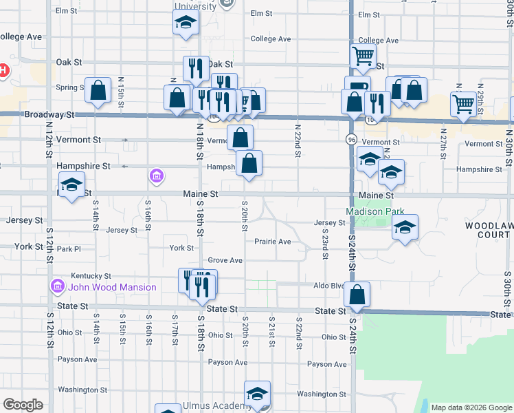 map of restaurants, bars, coffee shops, grocery stores, and more near 125 East Avenue in Quincy