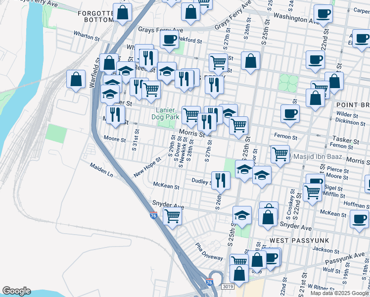 map of restaurants, bars, coffee shops, grocery stores, and more near 1743 South Newkirk Street in Philadelphia