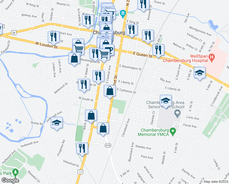 map of restaurants, bars, coffee shops, grocery stores, and more near 412 South 2nd Street in Chambersburg