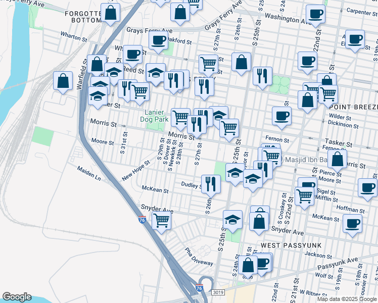 map of restaurants, bars, coffee shops, grocery stores, and more near 2726 Pierce Street in Philadelphia