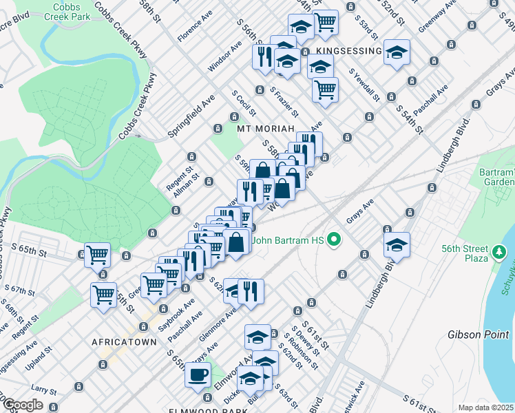 map of restaurants, bars, coffee shops, grocery stores, and more near 5934 Greenway Avenue in Philadelphia