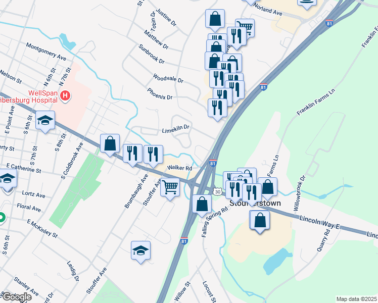 map of restaurants, bars, coffee shops, grocery stores, and more near 313 Stonegate Circle South in Chambersburg
