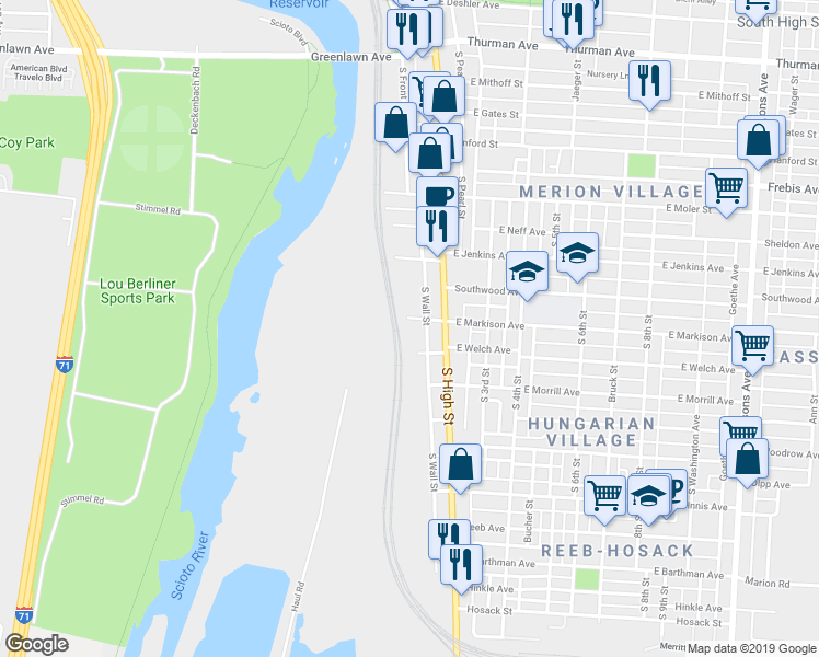 map of restaurants, bars, coffee shops, grocery stores, and more near 49 West Markison Avenue in Columbus