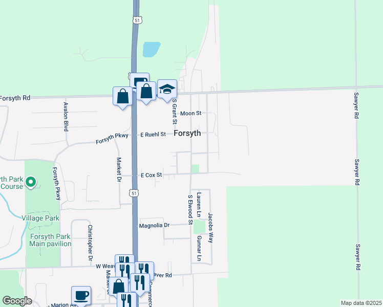 map of restaurants, bars, coffee shops, grocery stores, and more near 324 East Fitch Street in Forsyth