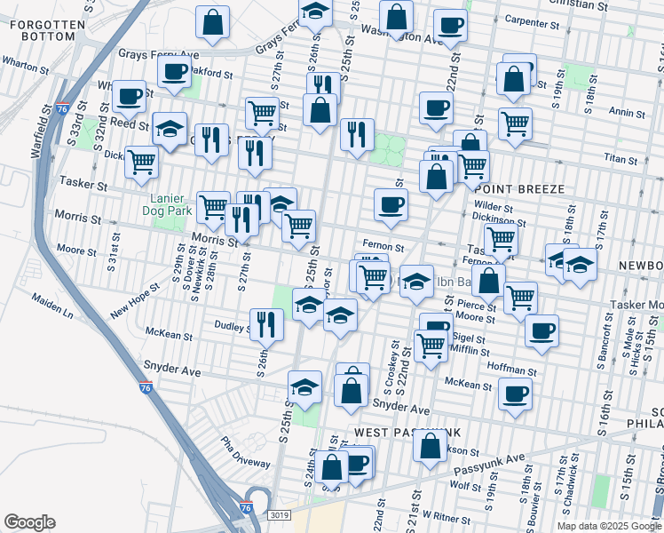 map of restaurants, bars, coffee shops, grocery stores, and more near 1709 South Taylor Street in Philadelphia