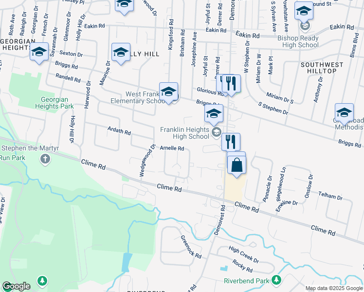 map of restaurants, bars, coffee shops, grocery stores, and more near 3654 Arnelle Road in Columbus