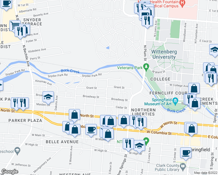 map of restaurants, bars, coffee shops, grocery stores, and more near 466 North Light Street in Springfield