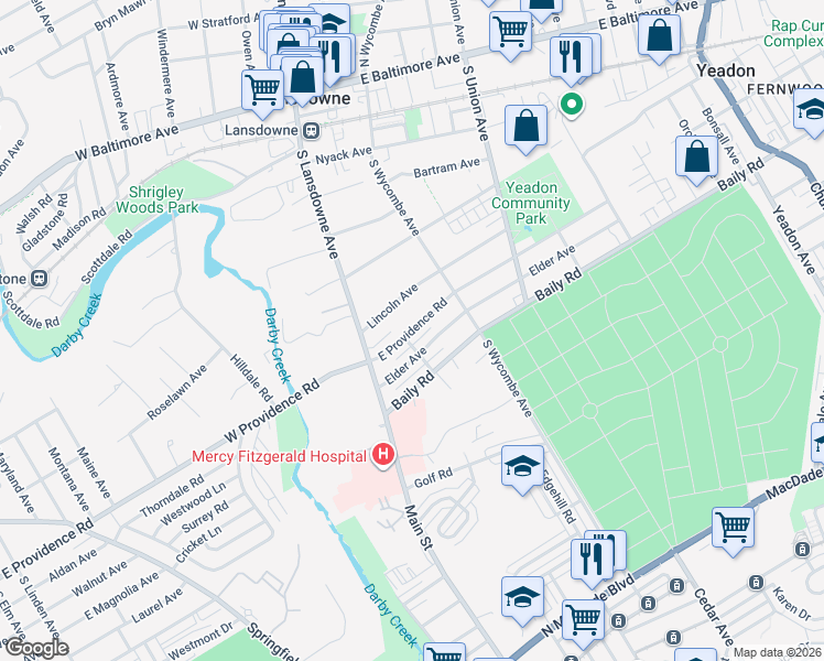 map of restaurants, bars, coffee shops, grocery stores, and more near 34 E Providence Rd in Yeadon