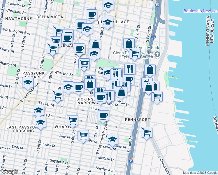 map of restaurants, bars, coffee shops, grocery stores, and more near 322 Earp Street in Philadelphia