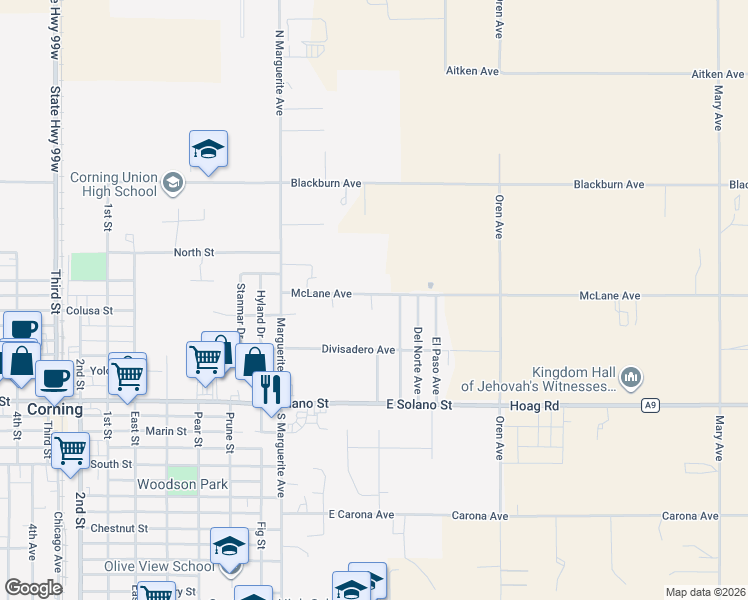 map of restaurants, bars, coffee shops, grocery stores, and more near 240 McLane Avenue in Corning