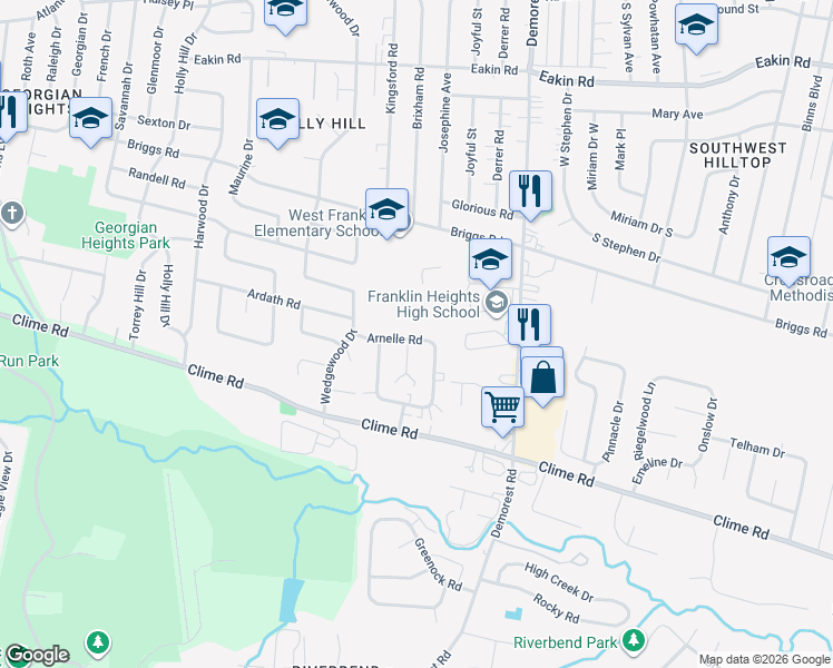 map of restaurants, bars, coffee shops, grocery stores, and more near 3654 Arnelle Road in Columbus