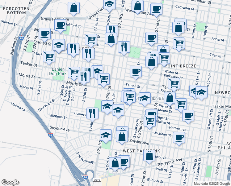 map of restaurants, bars, coffee shops, grocery stores, and more near 1709 South Taylor Street in Philadelphia