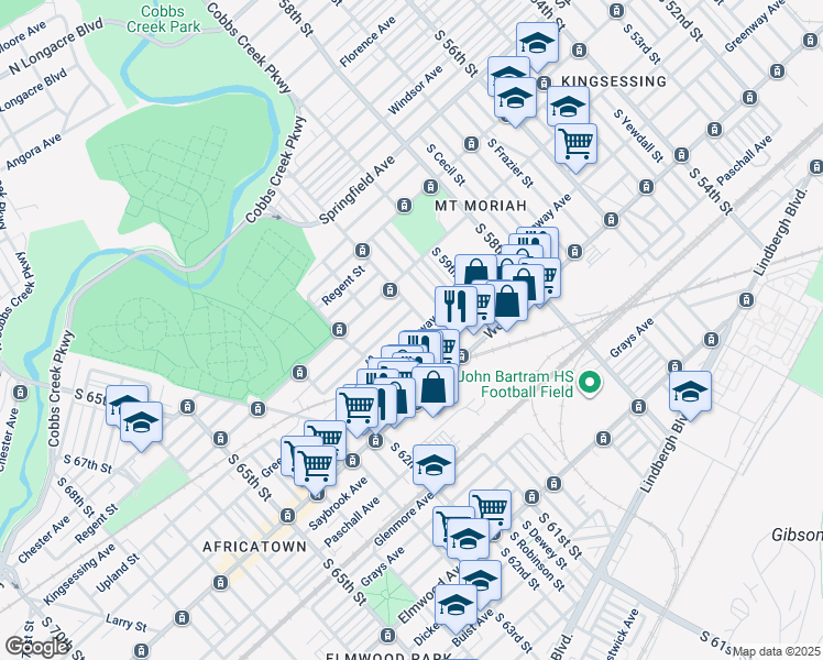 map of restaurants, bars, coffee shops, grocery stores, and more near 6013 Greenway Avenue in Philadelphia