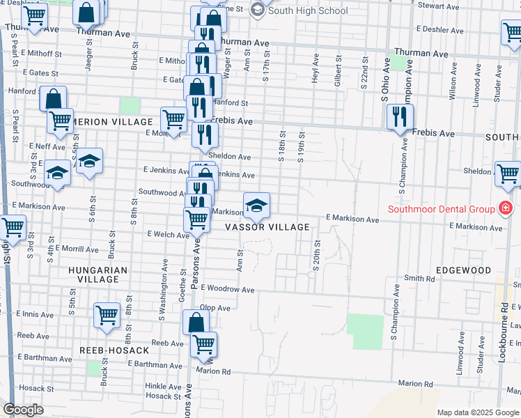 map of restaurants, bars, coffee shops, grocery stores, and more near 586 East Markison Avenue in Columbus