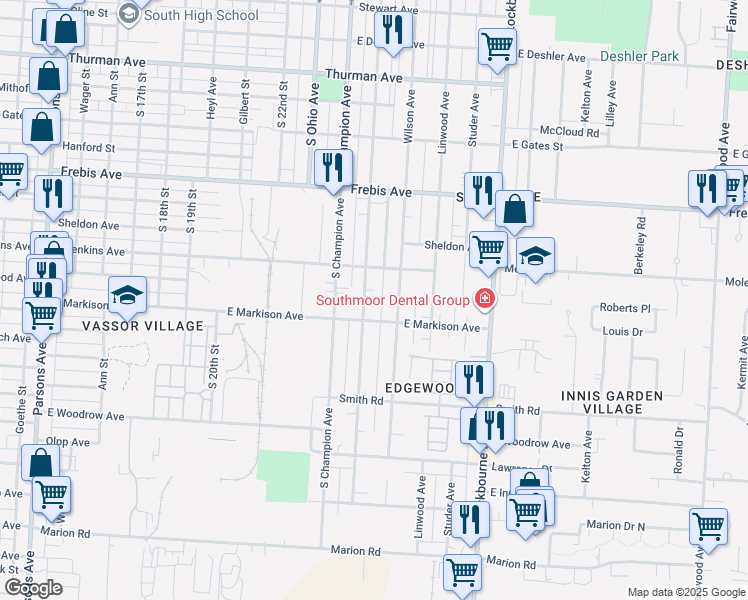 map of restaurants, bars, coffee shops, grocery stores, and more near 1630 Oakwood Avenue in Columbus