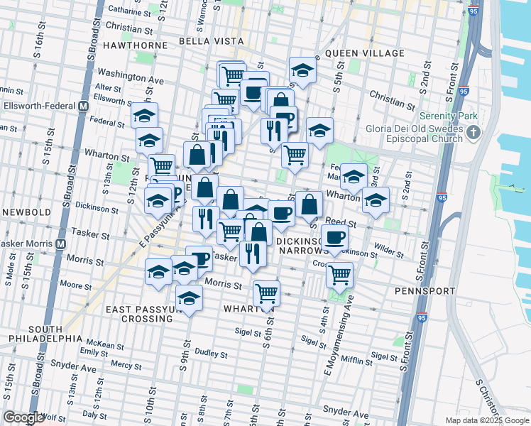 map of restaurants, bars, coffee shops, grocery stores, and more near 638 Reed Street in Philadelphia