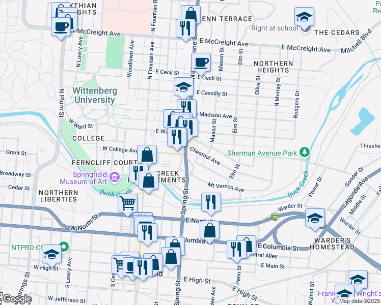 map of restaurants, bars, coffee shops, grocery stores, and more near 109 East College Avenue in Springfield