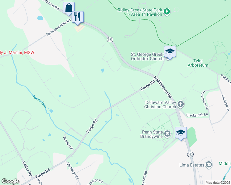 map of restaurants, bars, coffee shops, grocery stores, and more near 63 Forge Road in Glen Mills