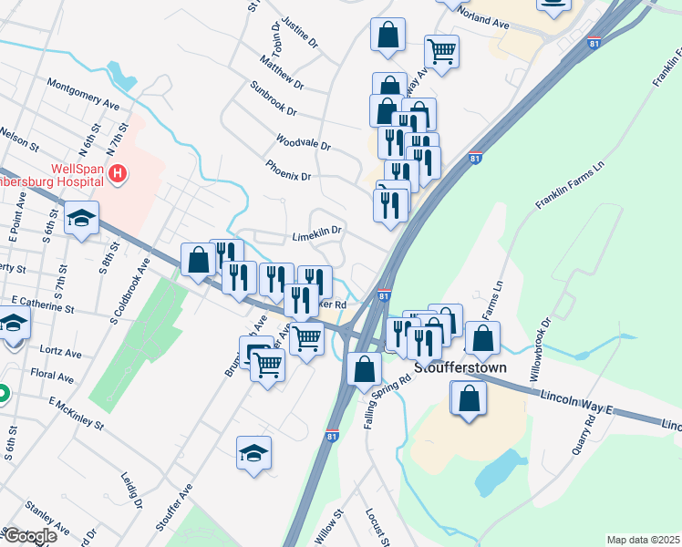 map of restaurants, bars, coffee shops, grocery stores, and more near 313 Stonegate Circle South in Chambersburg