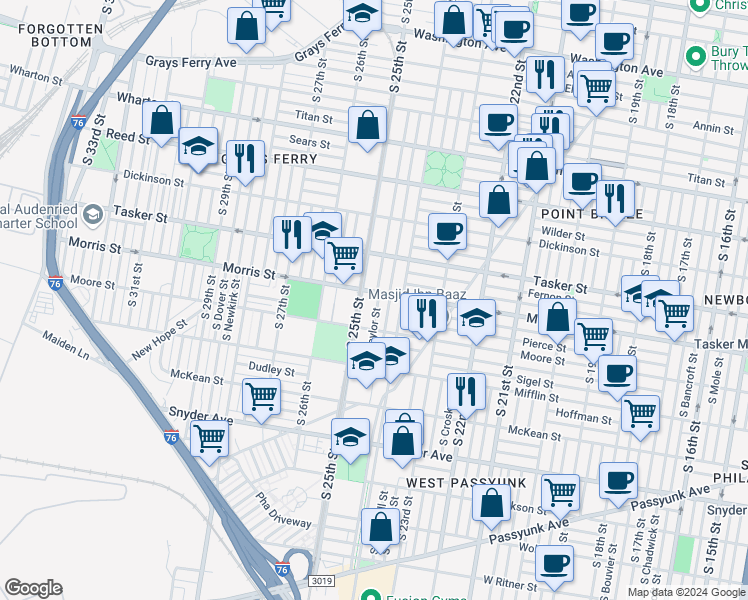 map of restaurants, bars, coffee shops, grocery stores, and more near 1708 South Taylor Street in Philadelphia