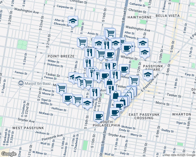 map of restaurants, bars, coffee shops, grocery stores, and more near 1535 South Mole Street in Philadelphia
