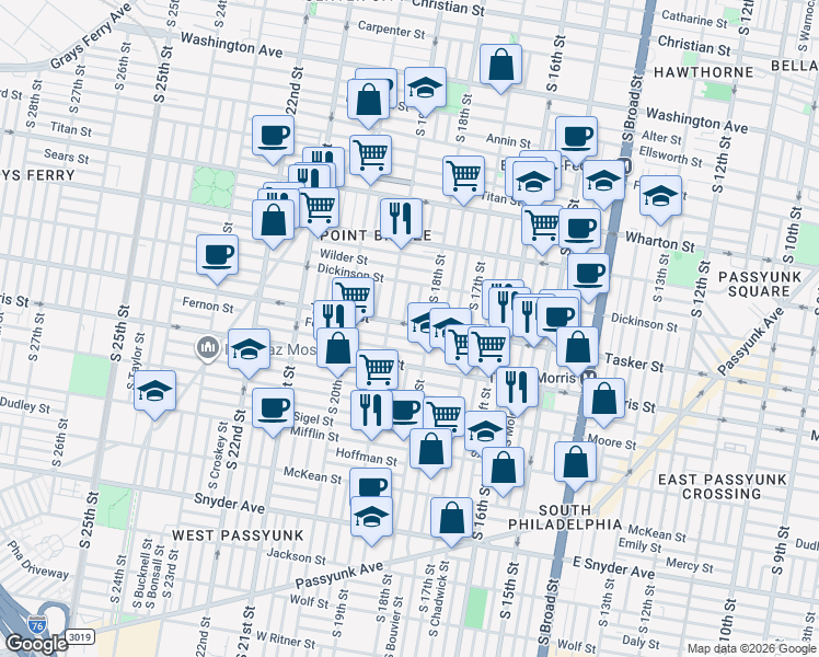 map of restaurants, bars, coffee shops, grocery stores, and more near 1822 Tasker Street in Philadelphia