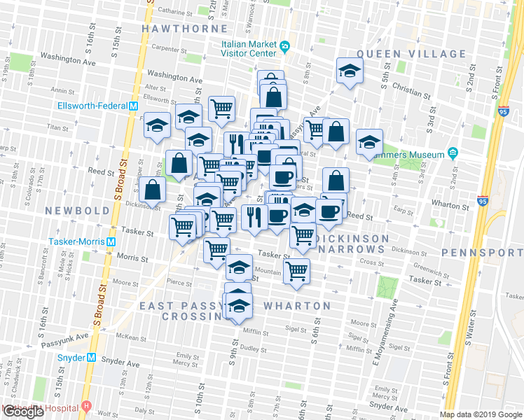 map of restaurants, bars, coffee shops, grocery stores, and more near 1419 South 9th Street in Philadelphia