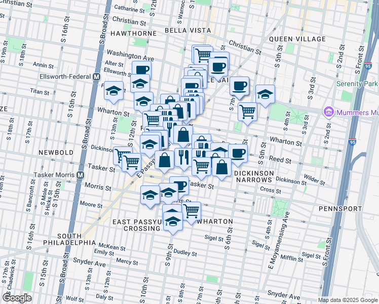 map of restaurants, bars, coffee shops, grocery stores, and more near 1419 South 9th Street in Philadelphia