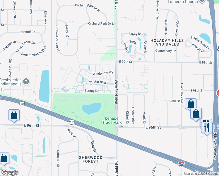 map of restaurants, bars, coffee shops, grocery stores, and more near 9800 Westfield Boulevard in Indianapolis